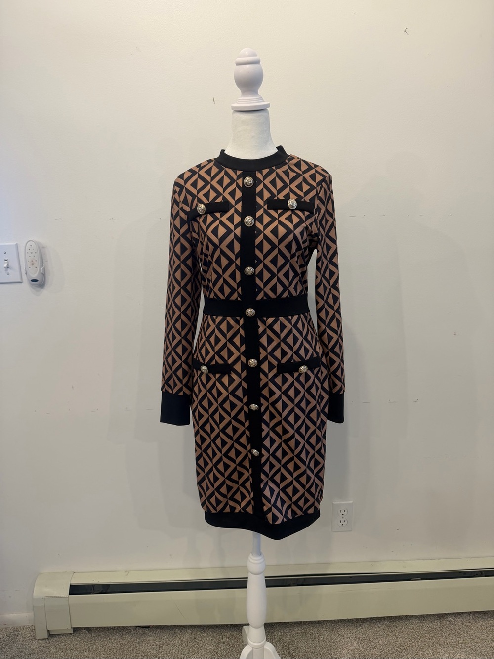 Source Unknown Geometric Knit Midi Dress in Brown and Black